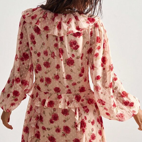 Apricot Boho Women's Bohemian Floral Print Ruffle Trim Long Sleeve Dress - Picture 2 of 8